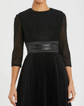 Black Shimmering 3/4 Sleeve A-Line Midi Dress